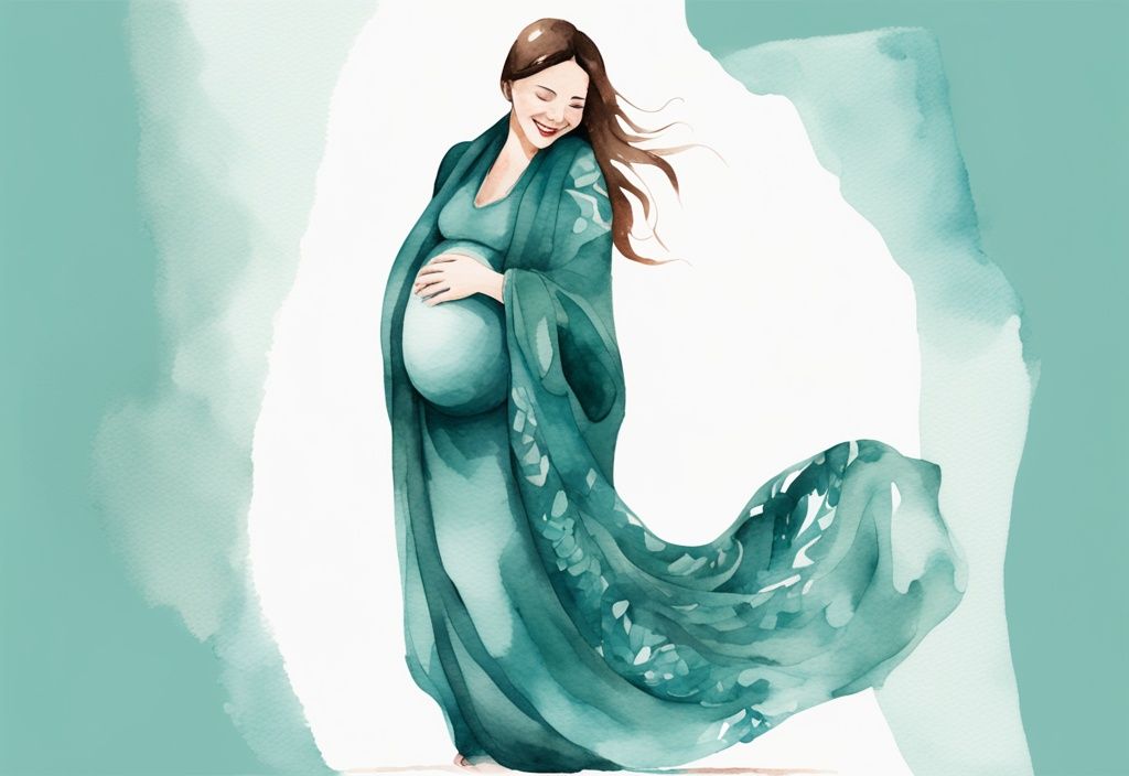 Modern watercolor illustration of a pregnant woman in a teal-themed flowing dress and patterned scarf, striking a playful pose.