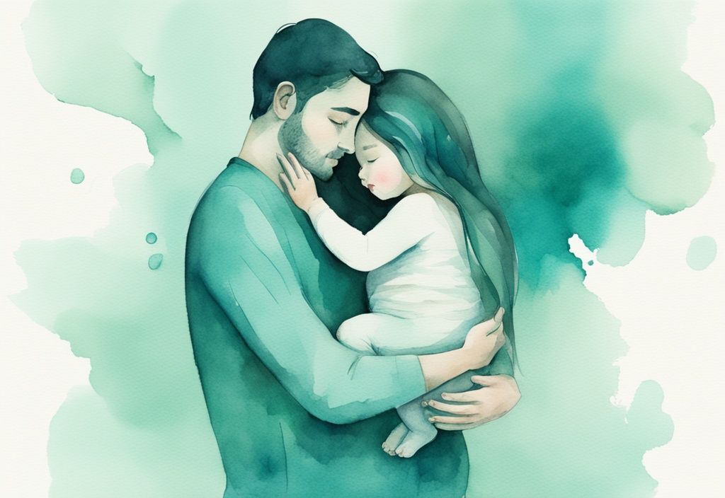 Modern watercolor illustration of a parent lovingly holding a baby, featuring a teal color theme.