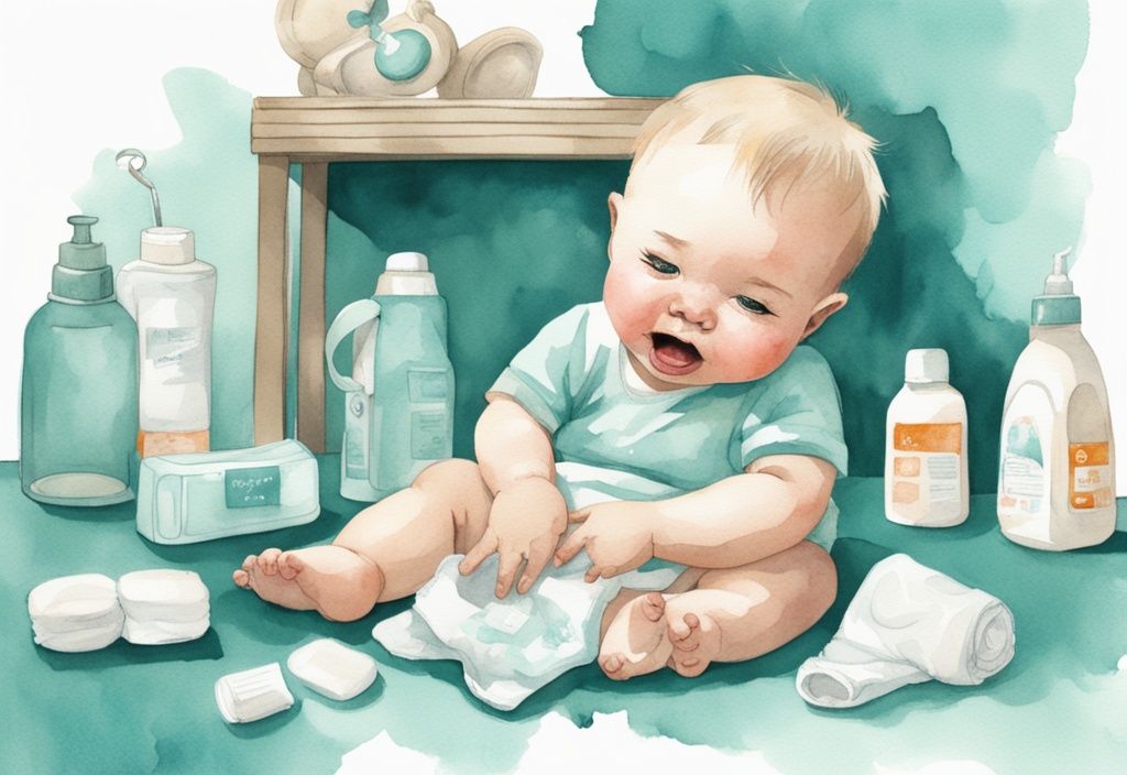 Modern watercolor illustration of a distressed baby during a diaper change, featuring teal tones and diaper changing items.