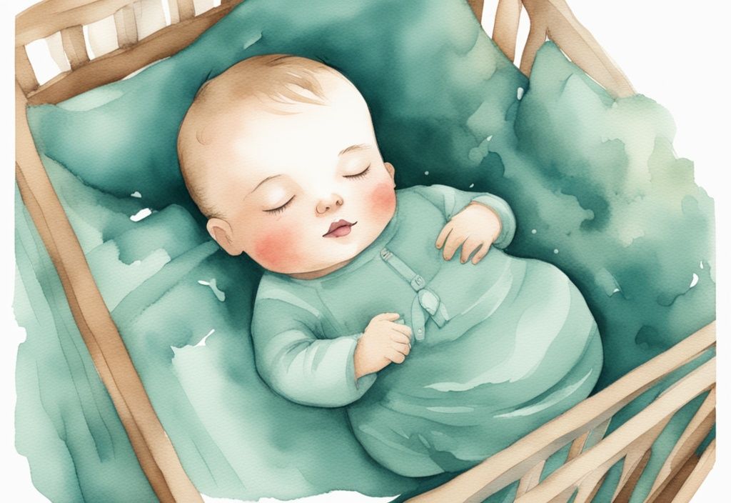 Modern watercolor illustration of a sleeping baby in a crib holding a plush lovey, with a teal color theme.