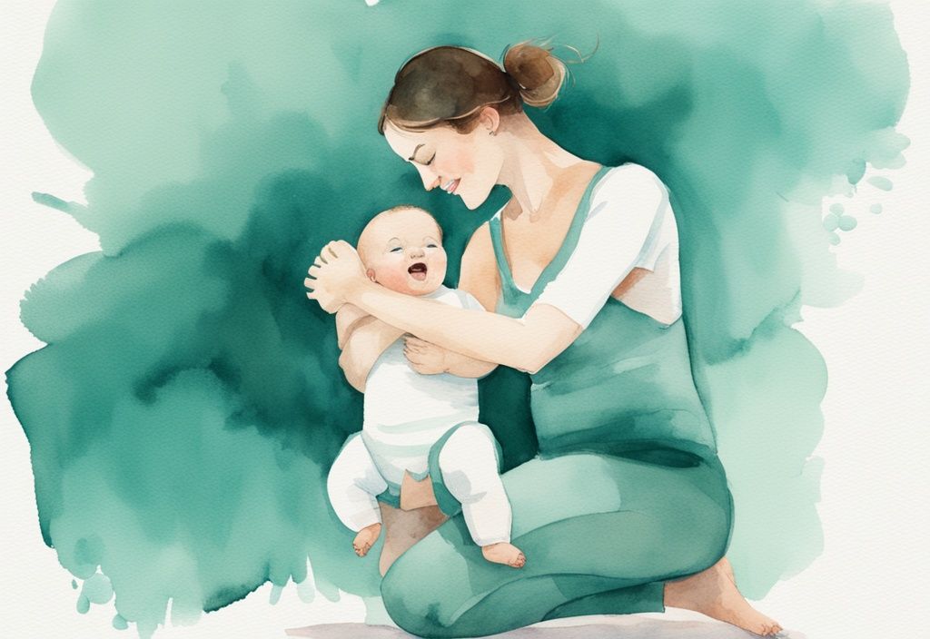 Modern watercolor illustration of a teal-themed infant standing with supportive parent assistance.