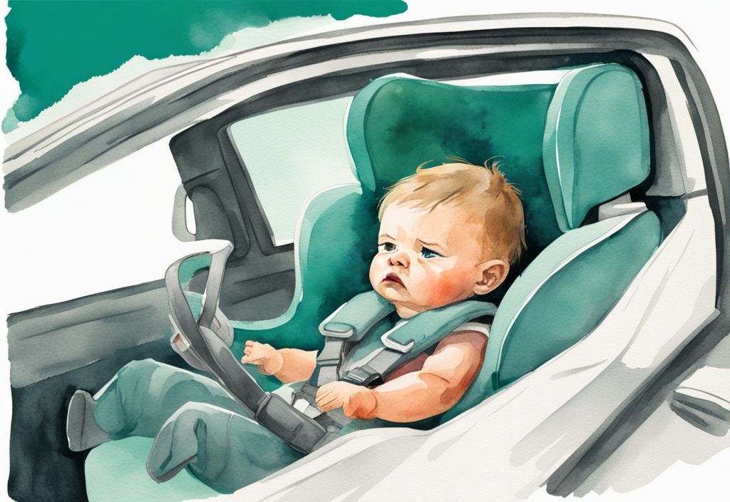 Modern watercolor illustration of a teal-themed disgruntled baby in a car seat with a perplexed parent in the driver's seat.