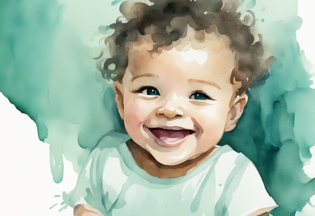 Modern watercolor illustration of a smiling baby with a gap between front teeth, teal color theme.