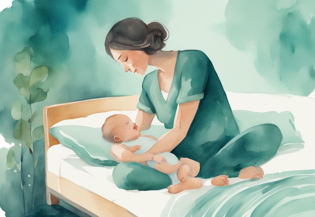 Modern watercolor illustration of a parent tucking in a baby with a teal color theme, featuring a timer counting down from 40 seconds, illustrating how to put a baby to sleep in 40 seconds.