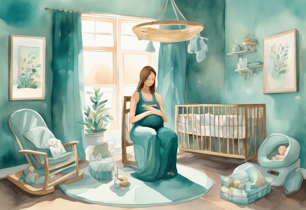 Modern watercolor illustration of a serene expecting mother meditating, surrounded by teal-themed baby items like a crib, clothes, and toys, with light rays symbolizing positive energy.