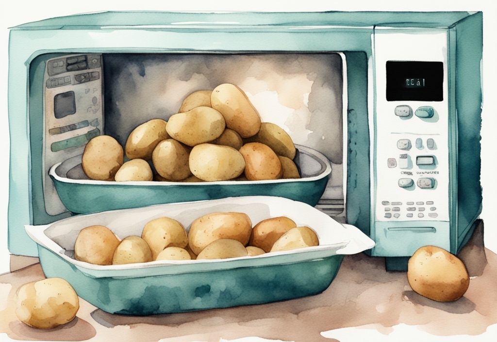 Modern watercolor illustration of how to microwave baby potatoes, featuring teal theme with baby potatoes and a microwave.