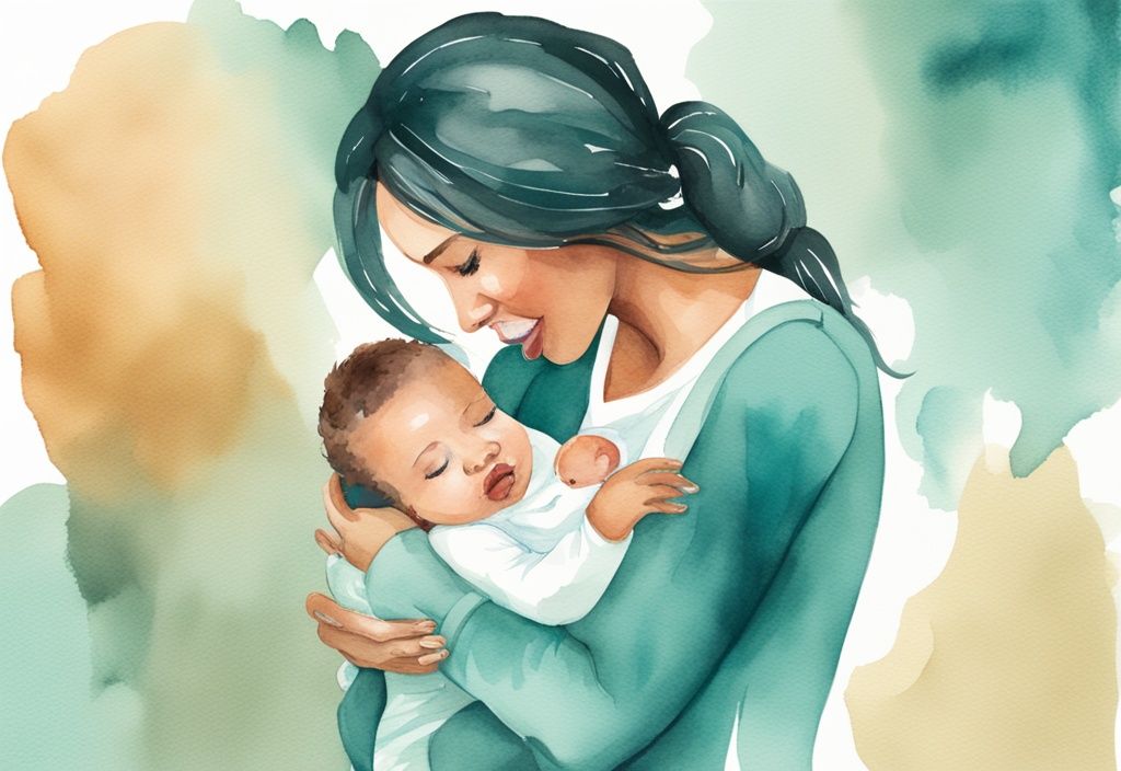 Modern watercolor illustration of a mother cradling baby with teal theme, using teething ring for post-tongue tie surgery relief.