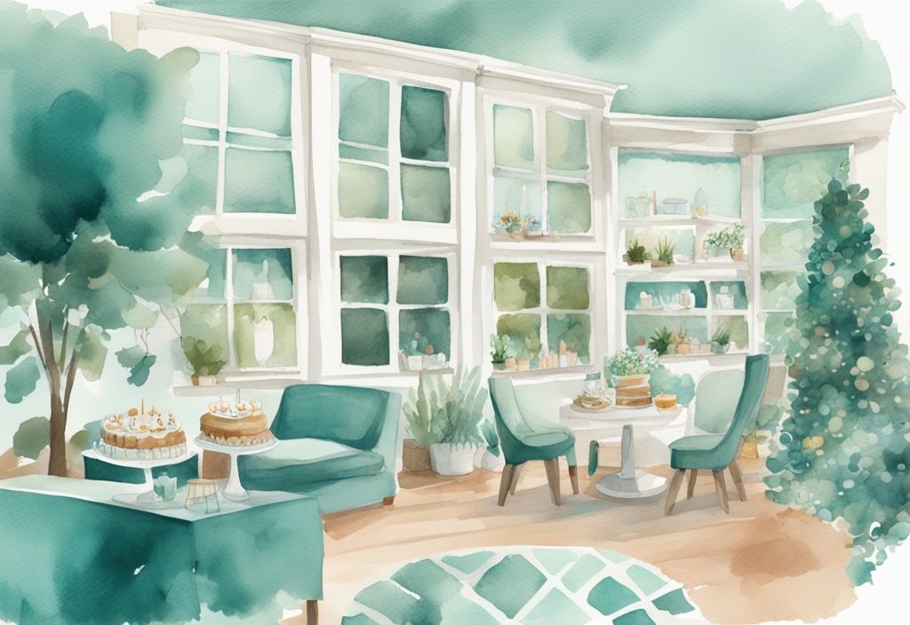 Modern watercolor illustration of baby shower venues in teal theme, featuring a decorated home living room, cozy café, outdoor park, and festively adorned banquet hall.