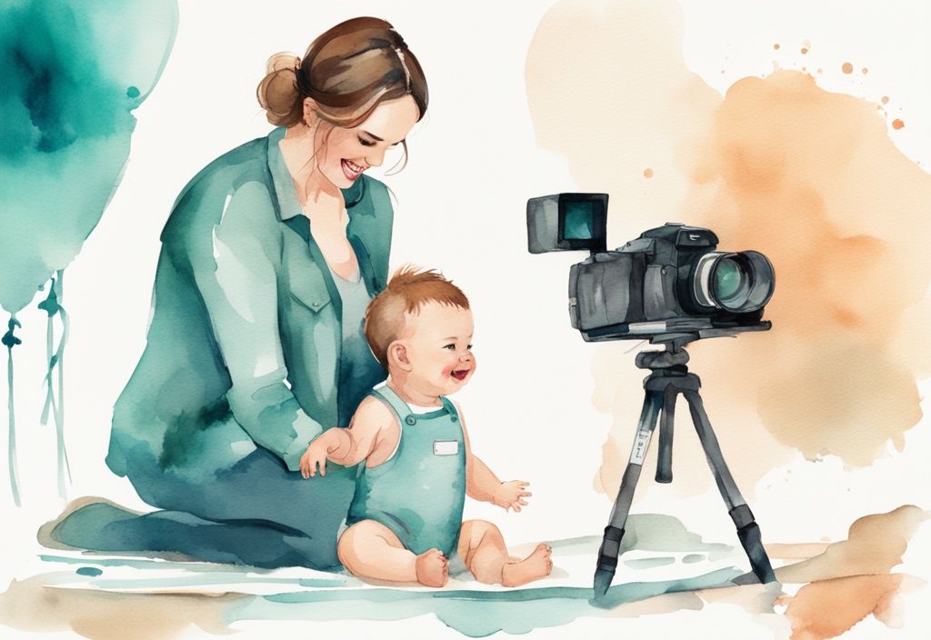 Modern watercolor illustration of a baby in teal-themed attire posing with a parent and photographer in a fun studio setting.