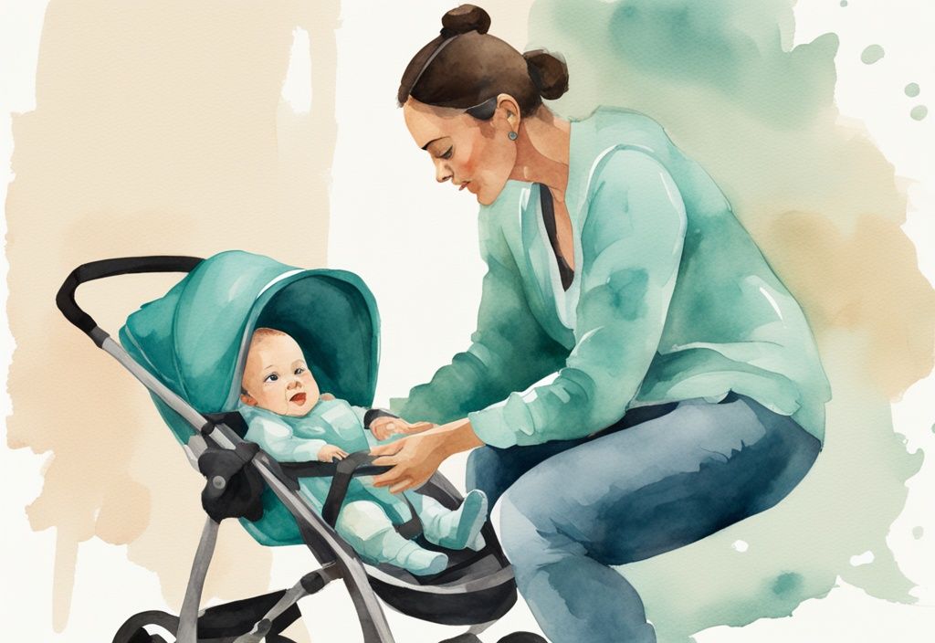 Modern watercolor illustration of a 6 to 9-month-old baby sitting in a stroller, with parent ensuring safety, teal color theme.