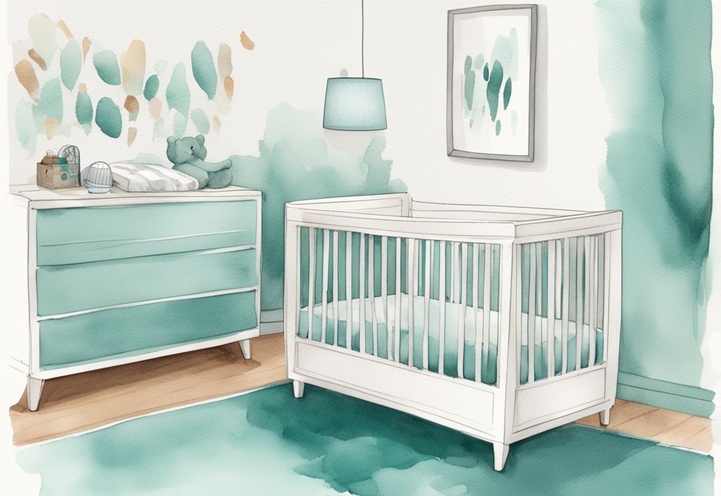 Modern watercolor illustration of a nursery with teal theme, featuring a baby crib and a safely placed humidifier with measurement line.