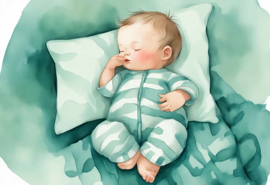 Modern watercolor illustration of a sleepy baby in teal-themed pajamas, tenderly scratching his head with a chubby hand, capturing the moment when a baby is scratching his head when sleepy.