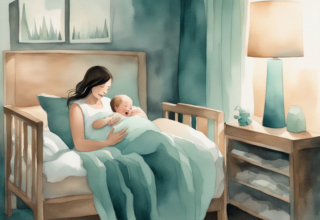 Modern watercolor illustration of a parent singing a lullaby to a sleepy baby in a serene, dimly lit room, with a teal color theme.