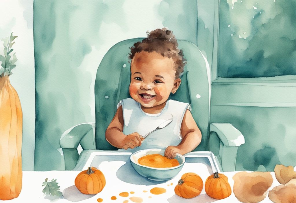 Watercolor illustration of a smiling baby in a high chair with a teal theme, wearing a bib, and being fed mashed butternut squash by a parent.