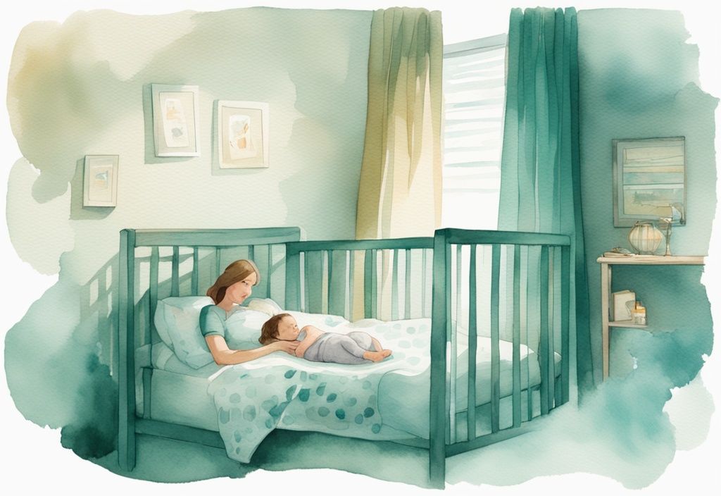 Modern watercolor illustration of a concerned mother watching her baby sleep fitfully in a teal-themed nursery.