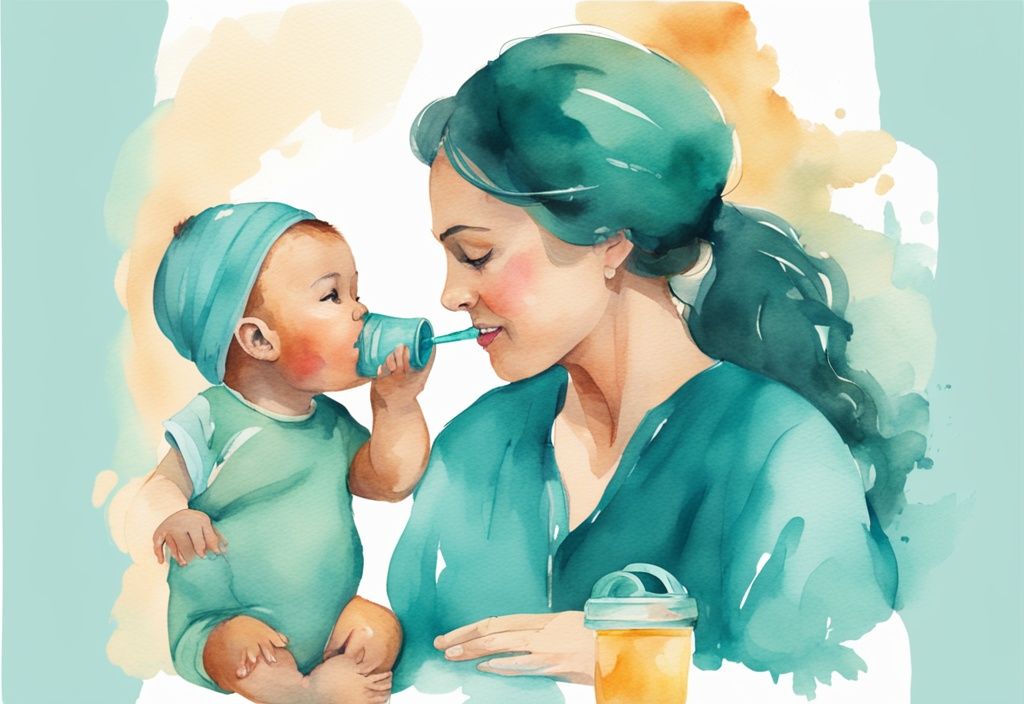 Modern watercolor illustration of a caregiver with teal theme, holding a sippy cup with straw for a curious baby.