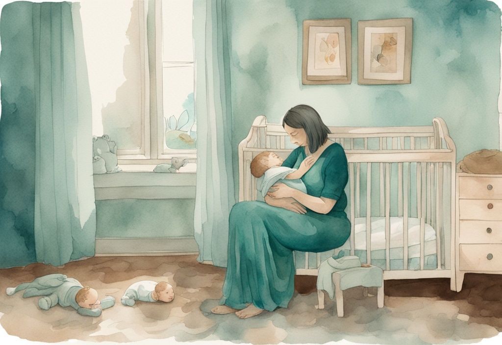 Modern watercolor illustration of a tired mother rocking an overtired baby in a dimly lit teal-themed nursery.