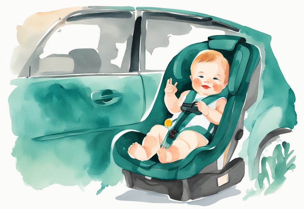 Modern watercolor illustration of a baby in a car seat with sunshade and fan, showcasing how to keep baby cool in car seat using teal color theme.