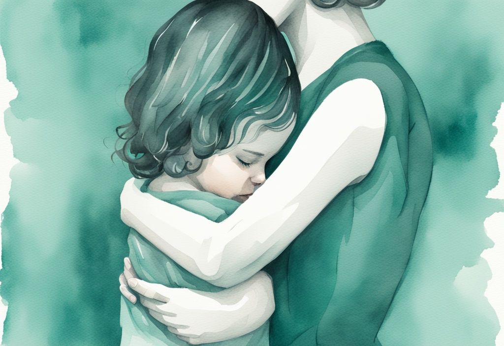 Modern watercolor illustration of adult hands cradling a baby's head in teal tones.