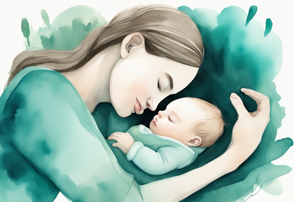 Modern watercolor illustration of a sleeping baby snuggled in parent's arms, highlighting the theme "baby only naps when held" with a teal color palette.