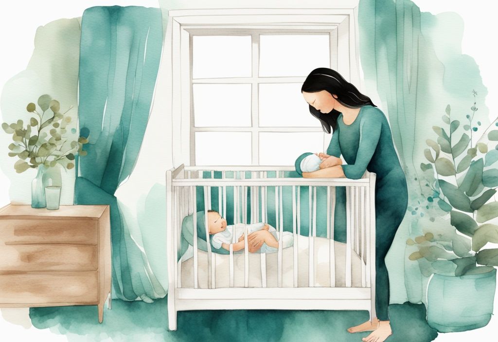 Modern watercolor illustration of a mother placing a sleeping baby into a decorated crib in a cozy teal-themed nursery room.