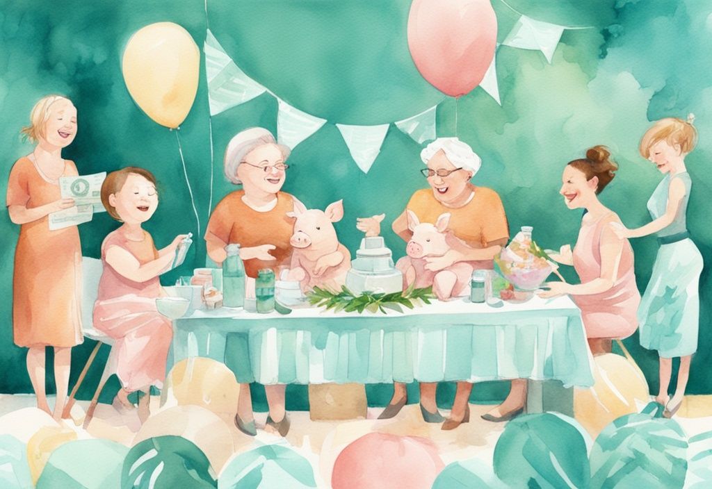 Modern watercolor illustration of a teal-themed baby shower with guests contributing money into a baby-themed piggy bank, highlighting the theme of who pays for a baby shower.