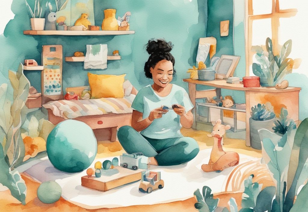 Modern watercolor illustration of a joyful baby in a teal-themed activity center with toys, supervised by a parent.