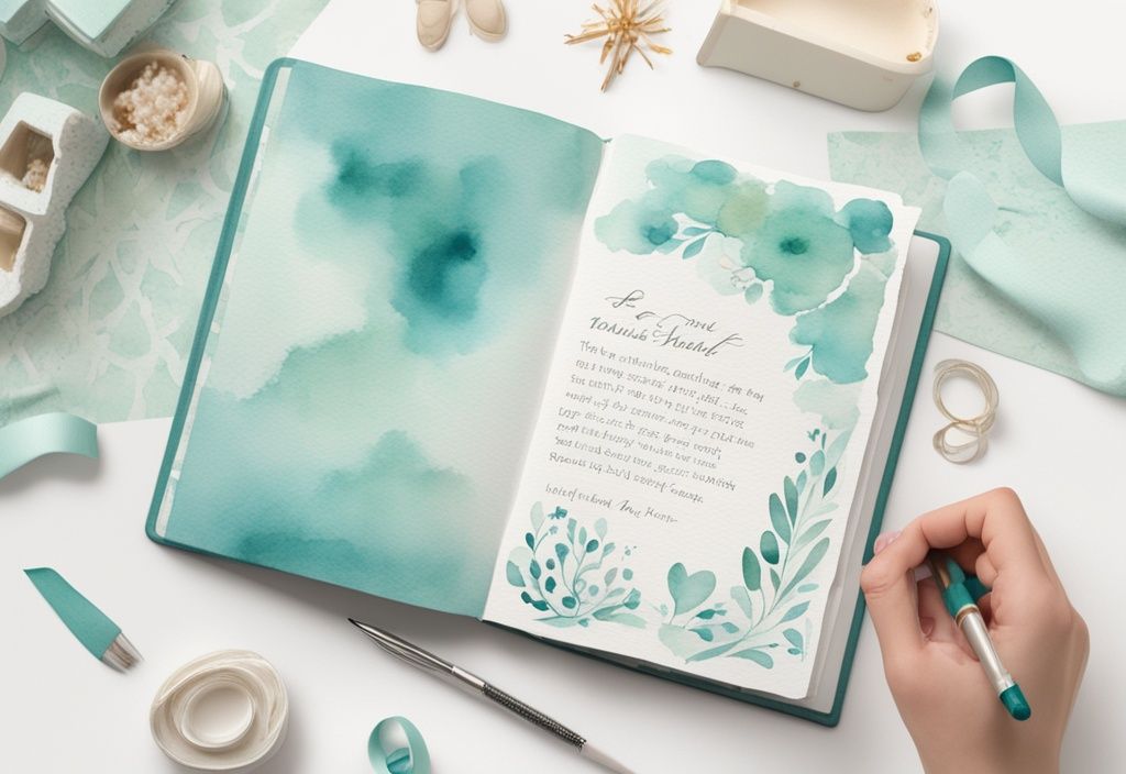 Modern watercolor illustration of a hand writing in a decorated baby book with teal theme and baby shower elements in the background.