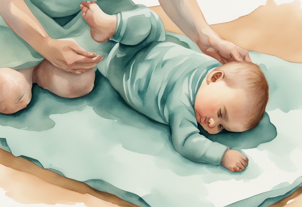 Modern watercolor illustration of an infant on a soft mat, showing the process of rolling from tummy to back with an adult's hand guiding them, illustrating how to get a baby to roll from belly to back.