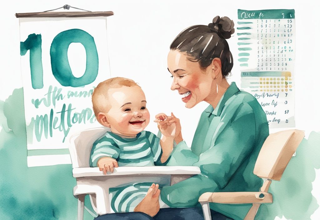 Modern watercolor illustration of a baby in a high chair with a parent holding a milestone chart, teal color theme.