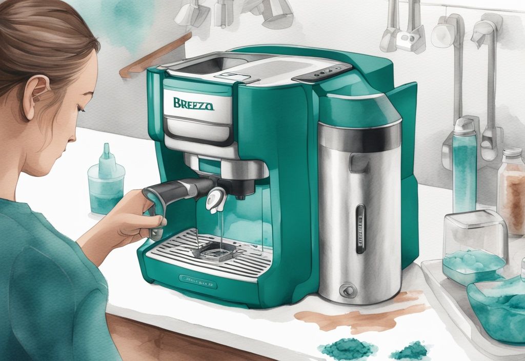 Modern watercolor illustration of hands disassembling and cleaning a Baby Brezza machine, highlighting teal color theme and key parts needing special attention.