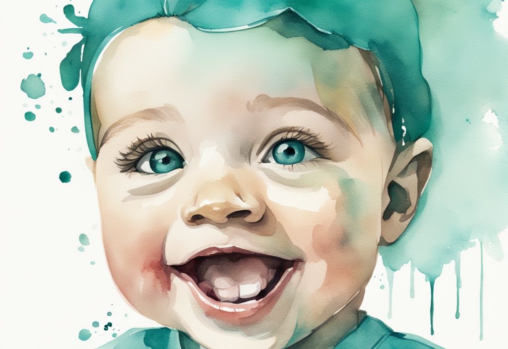 Modern watercolor illustration of a smiling baby with a gap between front teeth, teal color theme