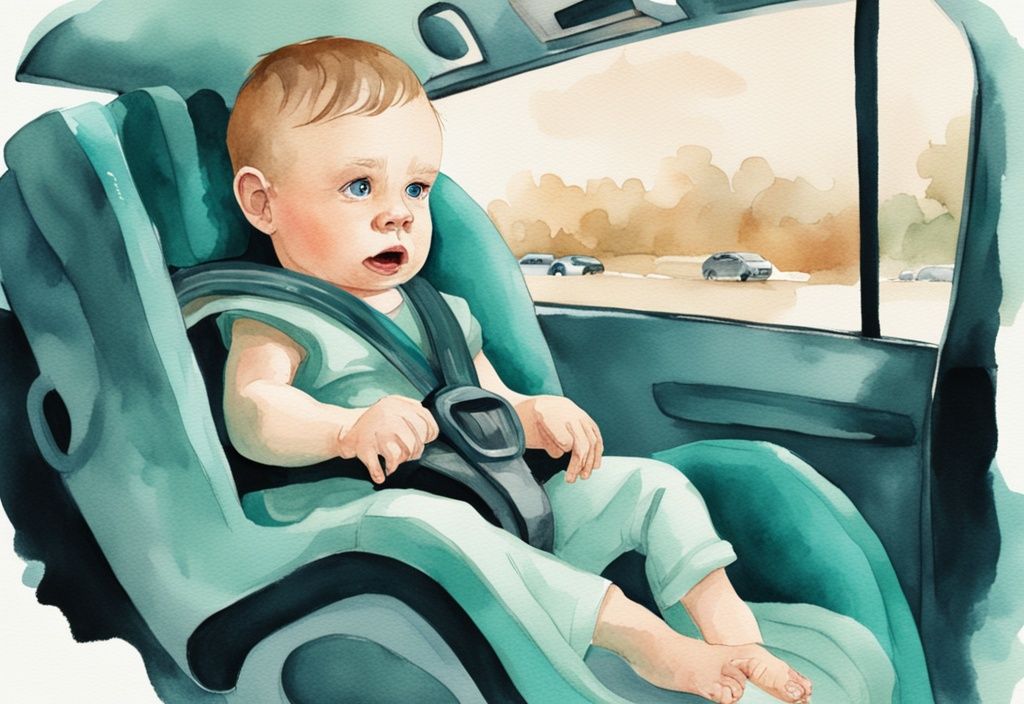 Modern watercolor illustration of a teal-themed disgruntled baby in a car seat with a perplexed parent in the driver's seat.