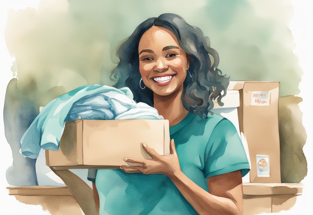 Modern watercolor illustration of a smiling woman with teal theme, holding a box of baby clothes near a "For Mothers in Need" donation bin.