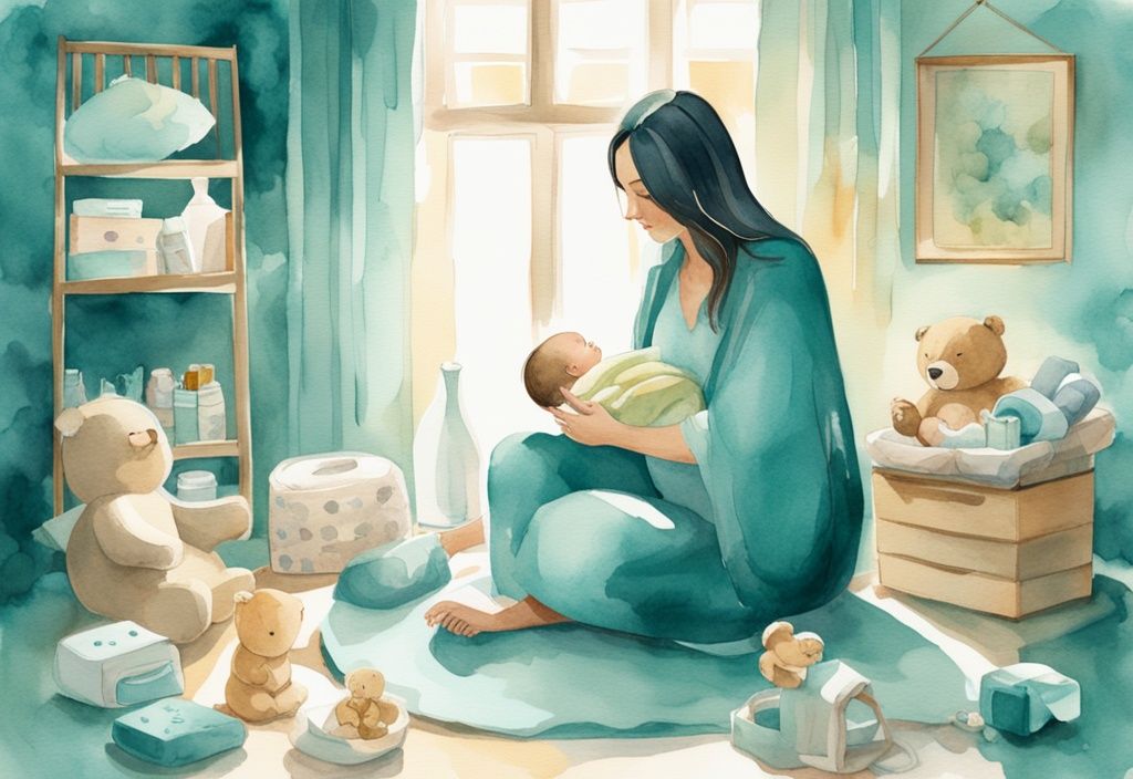 Modern watercolor illustration of a serene expecting mother meditating, surrounded by baby items like a crib, clothes, and toys, with teal color theme and light rays symbolizing positive energy.