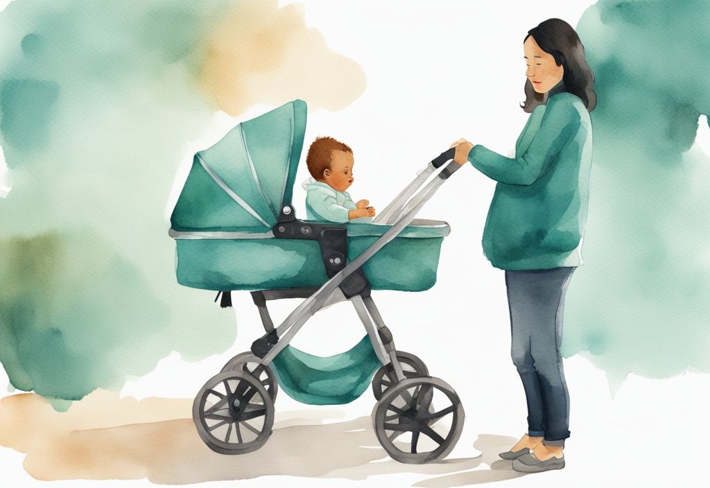 Modern watercolor illustration of a 6 to 9-month-old baby in a teal-themed stroller, with a parent ensuring safety and stability.