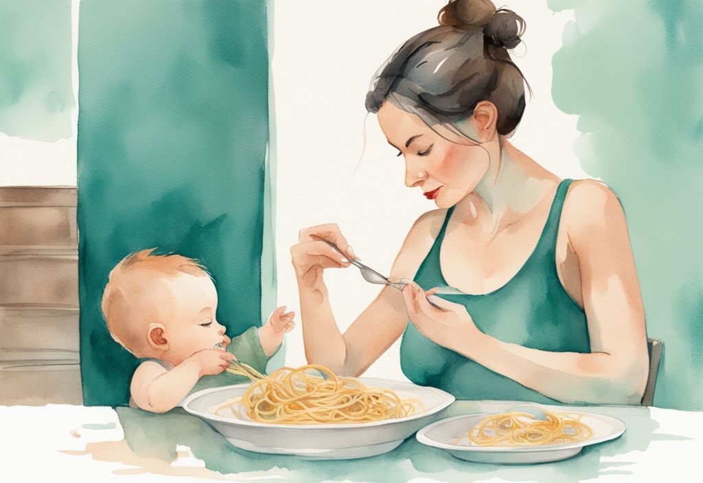 Modern watercolor illustration of a mother feeding teal-themed spaghetti to a bibbed baby.