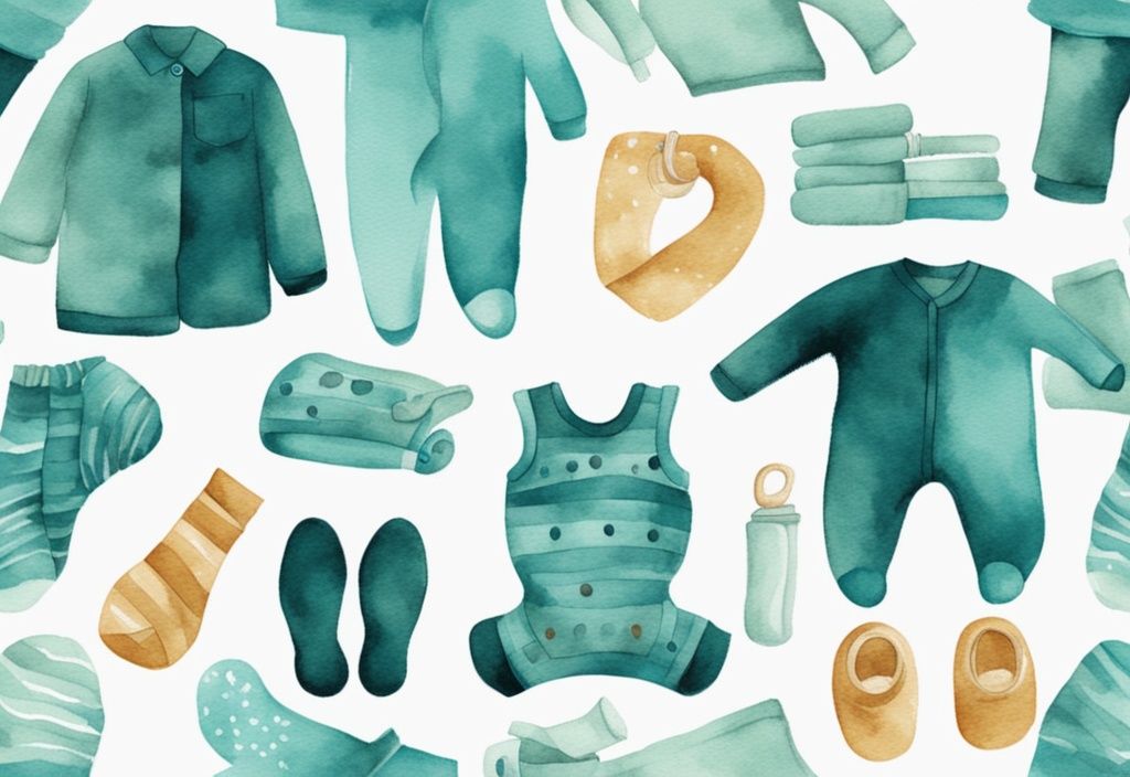 Modern watercolor illustration of teal-themed baby clothing stack, including onesies, sleepers, and socks, counted by hands.