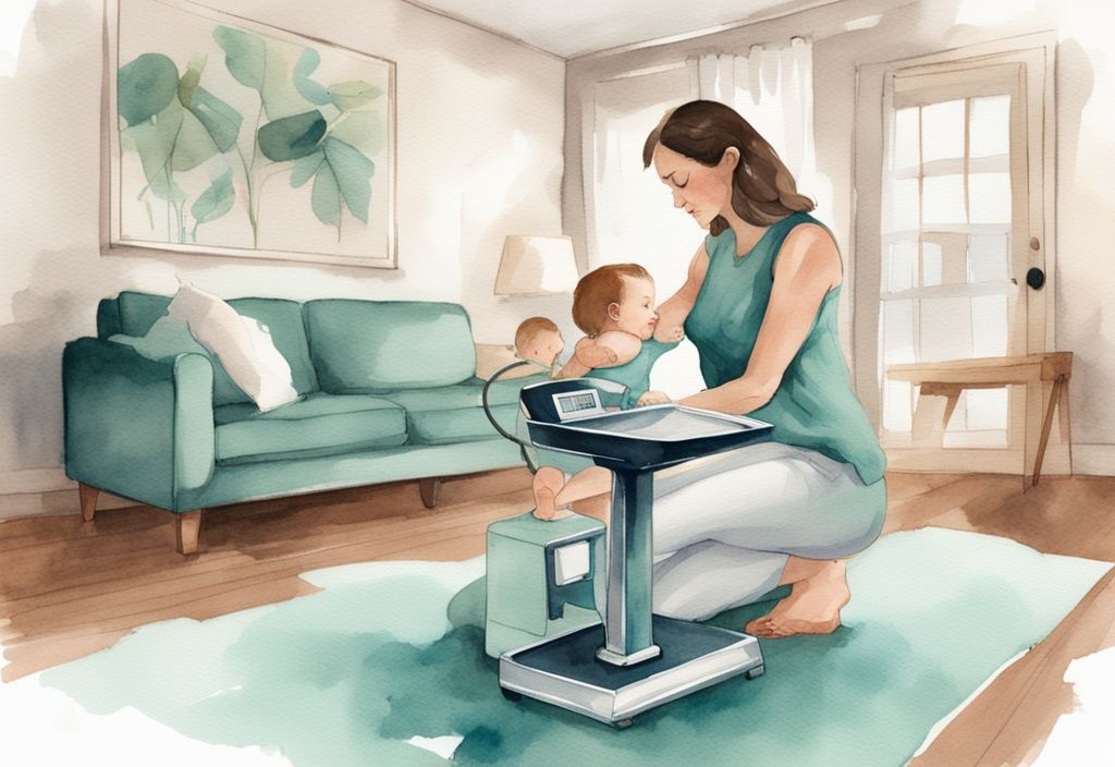 Modern watercolor illustration of a mother weighing her baby at home on a baby scale, featuring a teal color theme, demonstrating how to weigh baby at home on a non-carpeted floor.