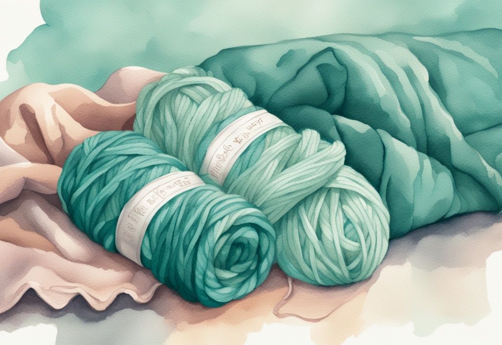 Modern watercolor illustration of soft baby yarn in pastel colors with a completed baby blanket, highlighting the cozy texture and addressing the query of how much yarn for a baby blanket against a teal backdrop.