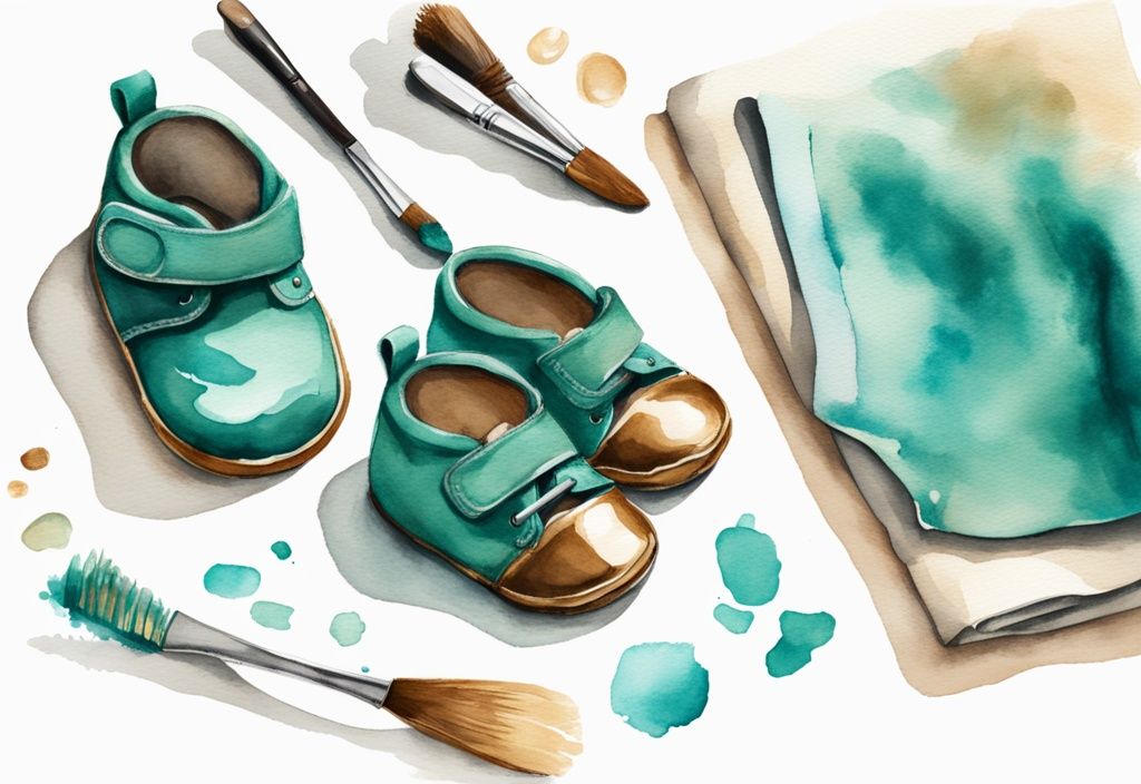 Modern watercolor illustration of bronzed baby shoes with bronzing materials on white background, featuring teal color theme.