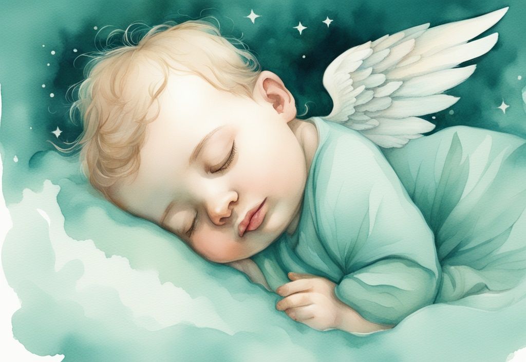 Modern watercolor illustration of a cherub-like angel baby with delicate wings sleeping peacefully under a teal glow, depicting what is an angel baby in a serene scene.