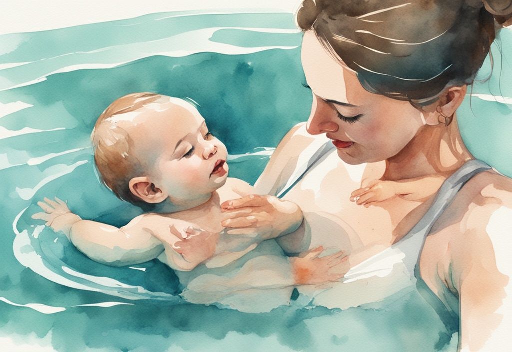 Modern watercolor illustration of a parent teaching a baby to swim in a pool, featuring teal colors, demonstrating how to teach baby to swim.