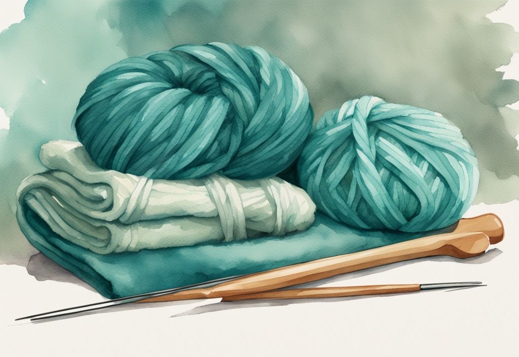 Modern watercolor illustration of teal-themed yarn skeins, partly finished baby blanket, and knitting needles.