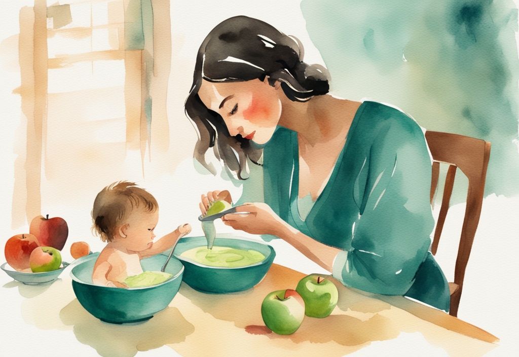 Modern watercolor illustration of a mother feeding baby teal theme with apple puree and steamed apple.