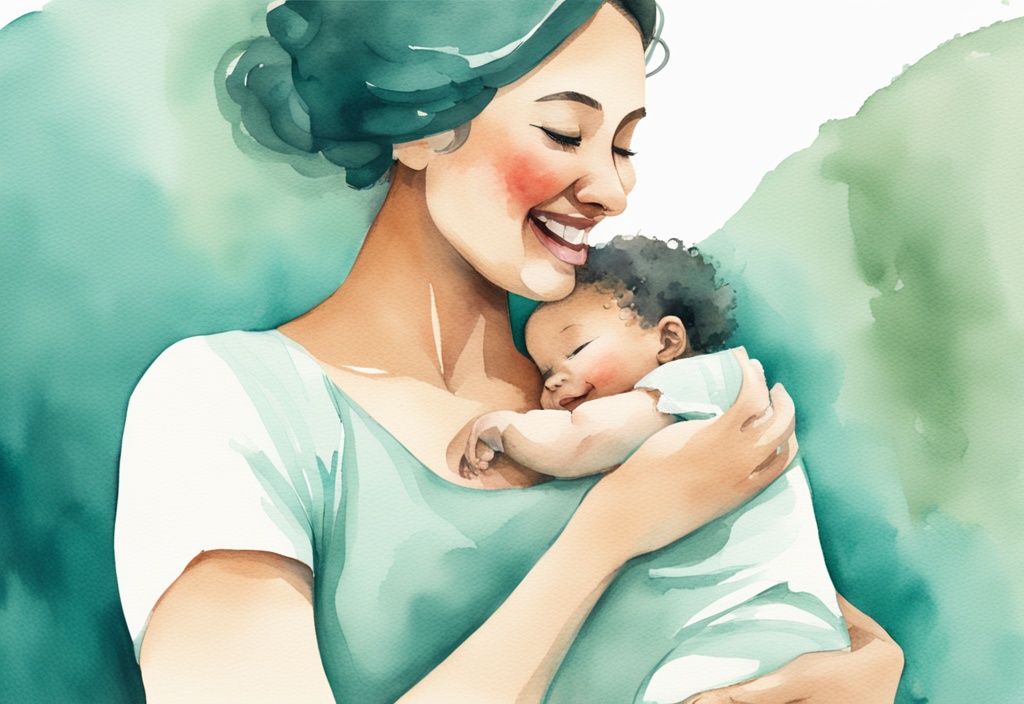 Modern watercolor illustration of a mother in teal theme lovingly holding her baby, demonstrating how to get baby to say mama.