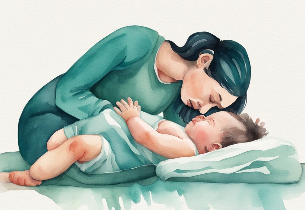 Modern watercolor illustration of a parent rolling baby from face-down to back sleeping position, teal color theme.