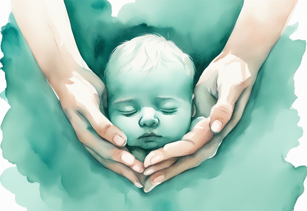 Modern watercolor illustration of adult hands cradling a baby's head in teal tones, demonstrating how to shape baby head with hands.