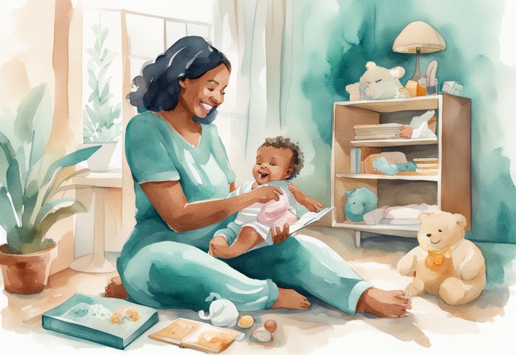 Modern watercolor illustration of a smiling mother engaging with her 5-month-old baby, featuring activities like playing with colorful toys, reading a book, and feeding, in a teal color theme.