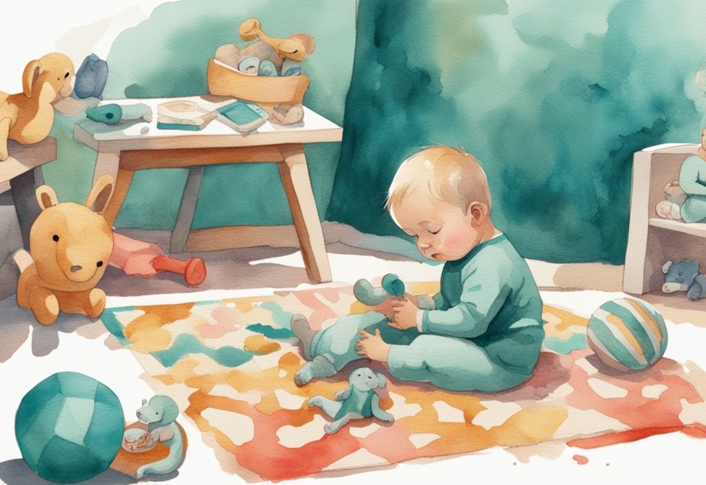 Modern watercolor illustration of a distressed baby on a colorful play mat with toys, comforted by a concerned mother, featuring a teal color theme.